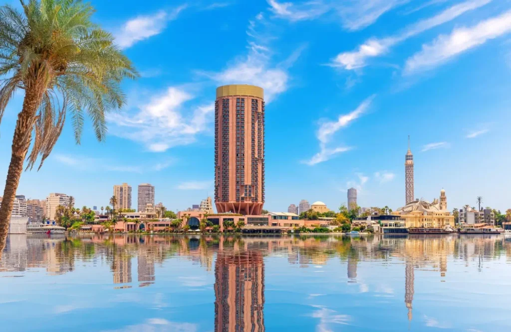 The Cairo Tower and the hotels beside it on the Nile