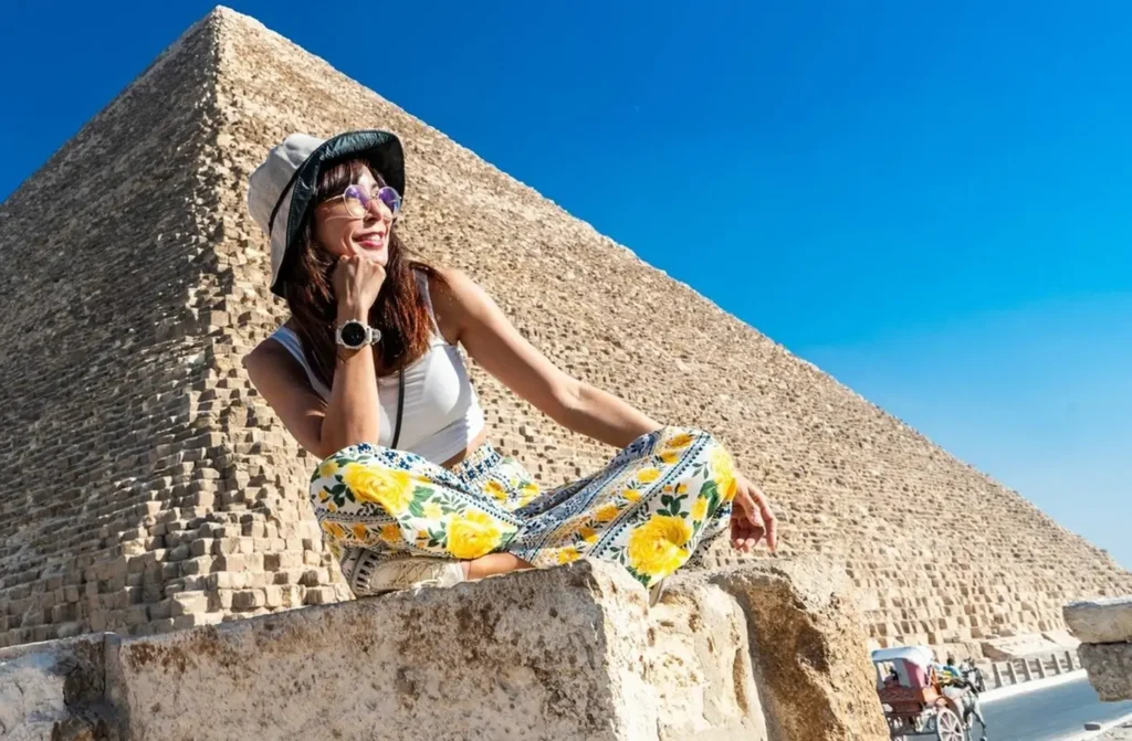 A young woman at the Giza Pyramids