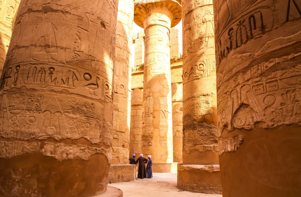 A close-up of the columns at Karnak Temple