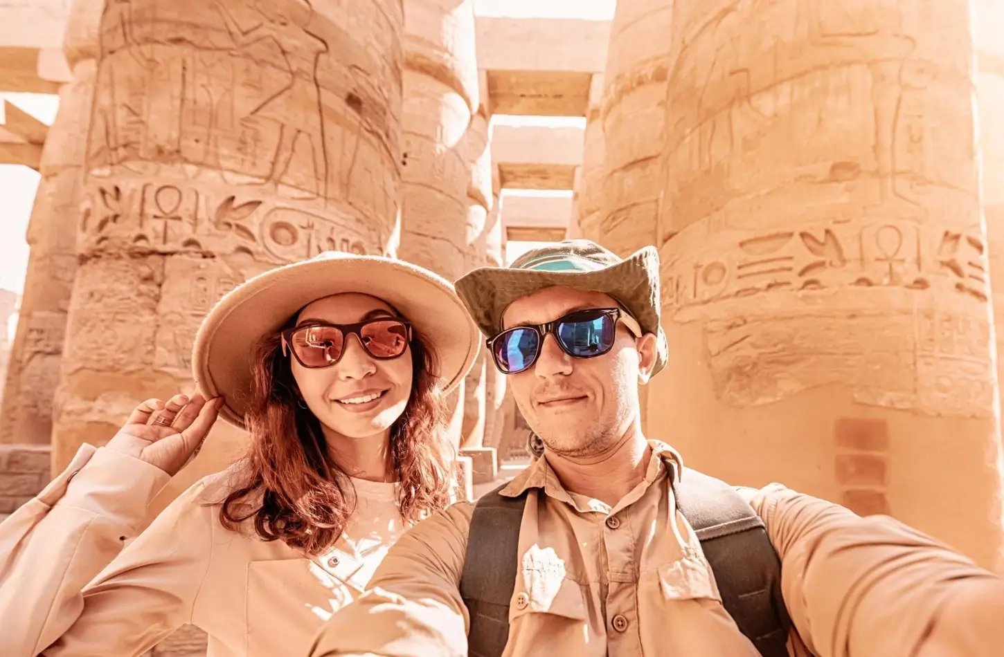 A visitor taking a selfie at Karnak Temple