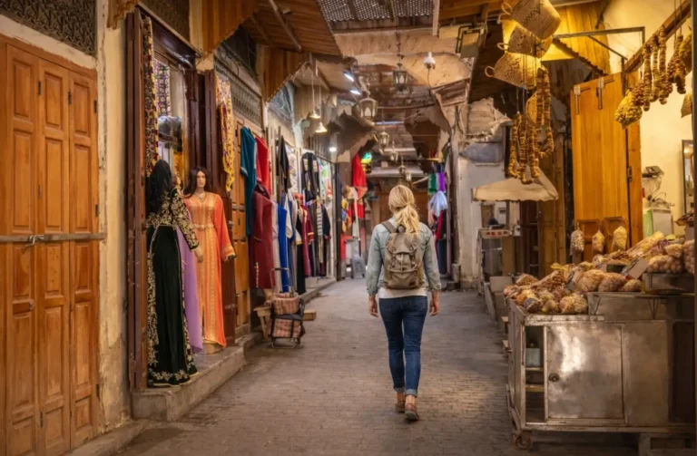 A woman walking through the Khan El Khalili market