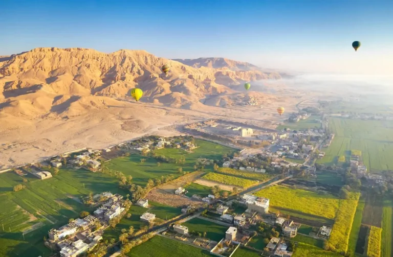 A panoramic view from a hot air balloon over Luxor