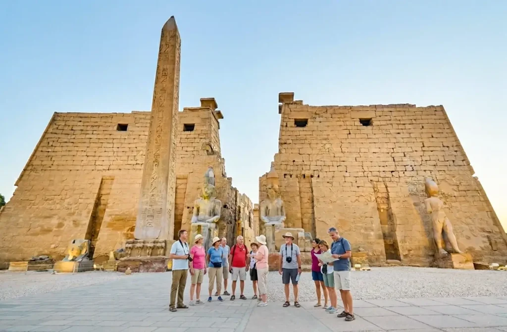 A group of visitors in front of Luxor Temple